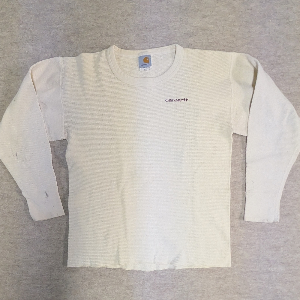 Carhartt Vintage Distressed Cream Long Sleeve Tee Thermal Waffle Cut Hem Size L
